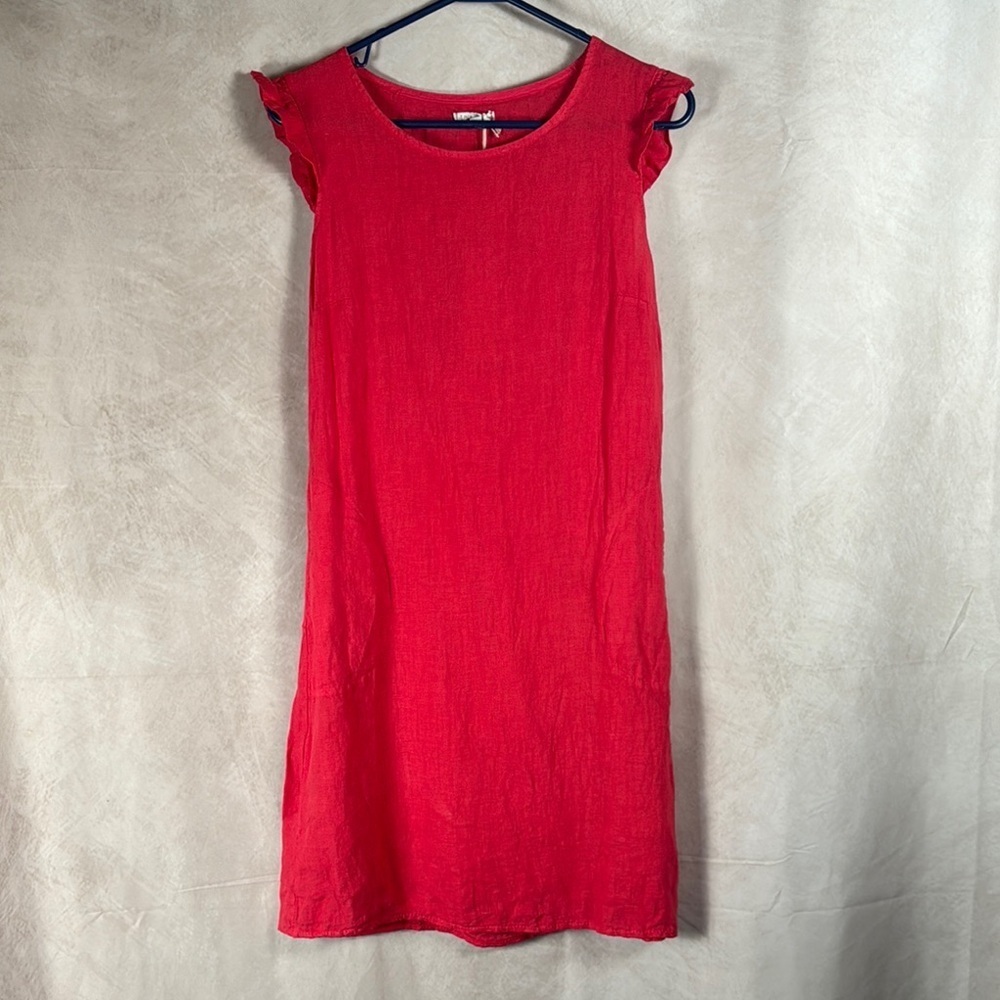 Lina Tomei NWT Linen Shift Dress Raspberry Red Ruffle Sleeve Travel Resort Small